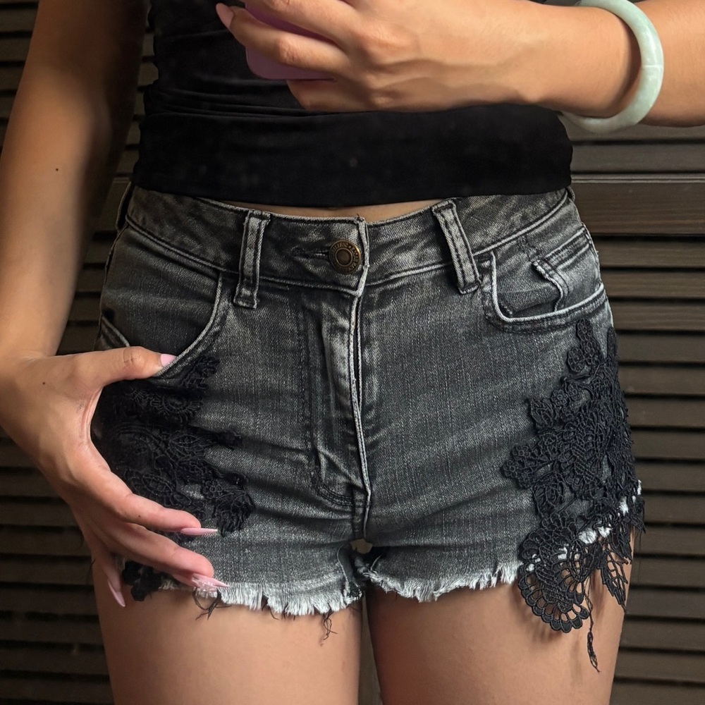 American Eagle Gray Denim Shorts with Black Lace